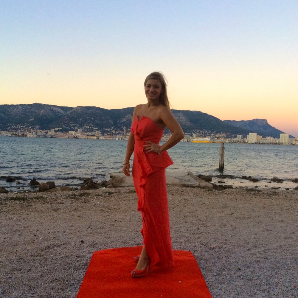 Stylish, sexy, Italian designer maxi cocktail party coral dress